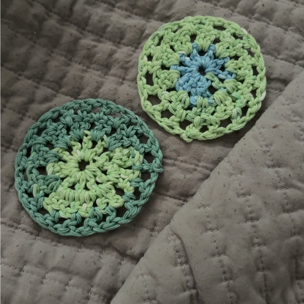 Green and blue crochet coasters made from 100% real cotton, handmade by me!